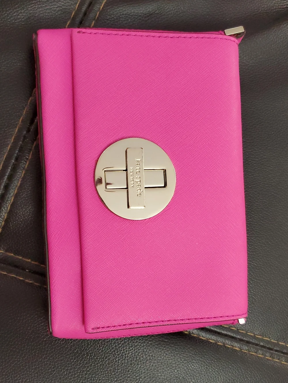 kate spade hot pink leather key & card holder with gold-tone turn lock